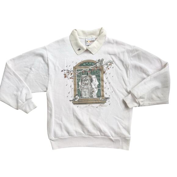 Vtg 1990s Morning Sun Collared Cat Crewneck Sweatshirt  Small - Picture 1 of 12